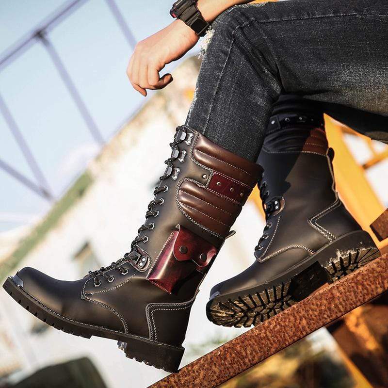 BLACKRISS™Men's Punk Pocket Lace Up Faux Leather Army Boots Riding Boots Moto Boots-Blackriss