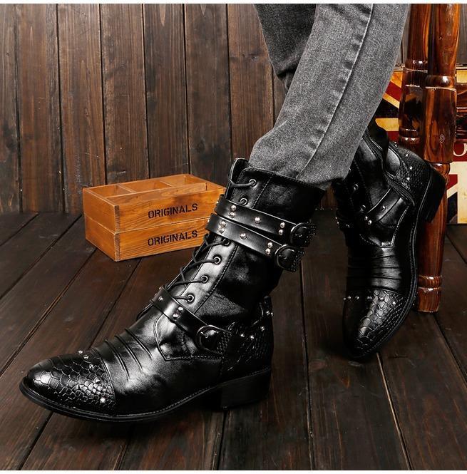 BLACKRISS™Men's Punk Rivets Lace Up Pointed Boots Martin Boots Men Army Boots-Blackriss