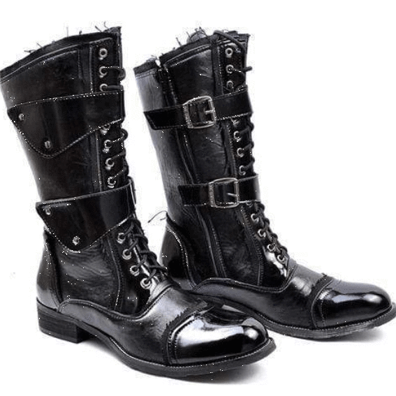 Men's Military Faux Leather Multi Buckles Martin Boots-Blackriss
