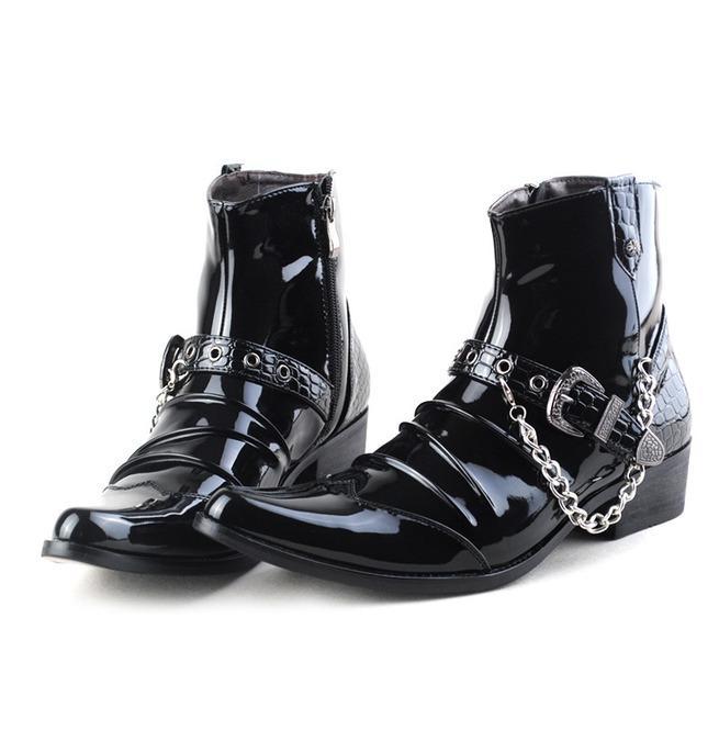 BLACKRISS™Men's Buckle Strap Chain Faux Leather Side Zipper Shoes Pointed Toe Boots-Blackriss