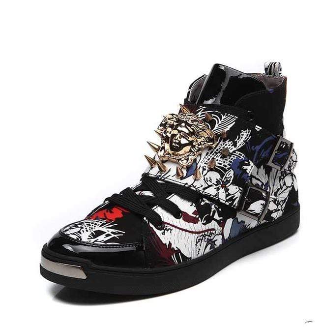 BLACKRISS™Men's Fashion Printed Punk Rivet Side Zipper Ankle Boot Martin Boots-Blackriss