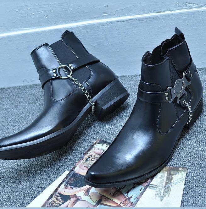 BLACKRISS™Men's Faux Leather Suede Pointed Toe Eagle Gusset Harness Ankle Boots-Blackriss