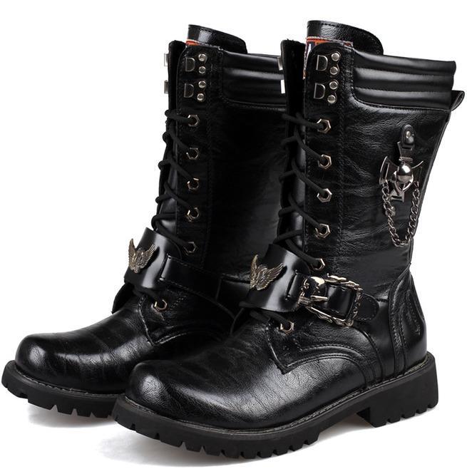 BLACKRISS™Men's Punk Laced Up Faux Leather Military Combat Boots-Blackriss