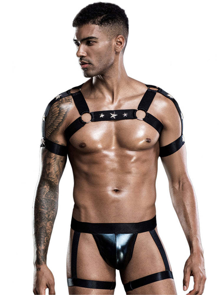 BLACKRISS™Star Chest Strap Thong Set - Black-Blackriss