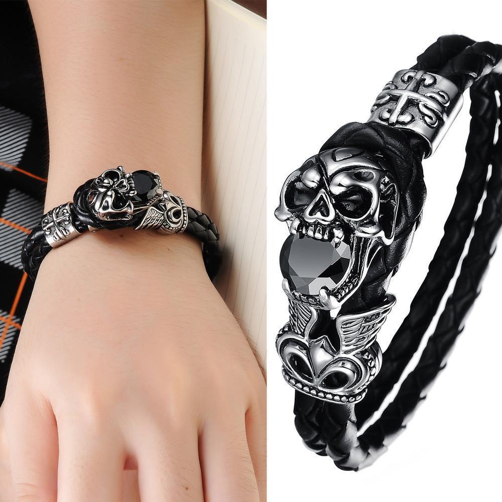 Blackriss™Genuine Leather Stainless Steel Skull Bracelet-Blackriss