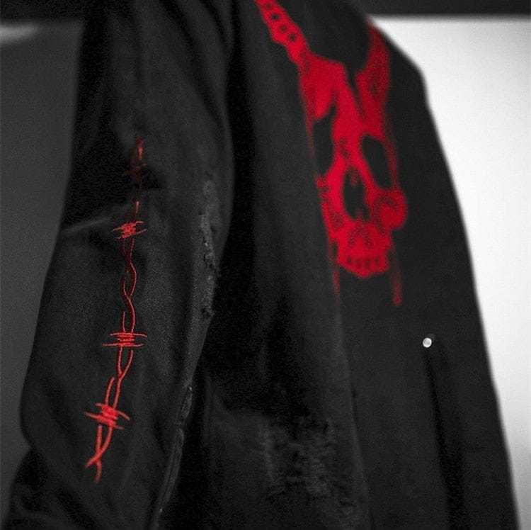 BLACKRISS™Gothic Skull 💀 Black Denim Suspenders & Holes Jacket 🧥-Blackriss