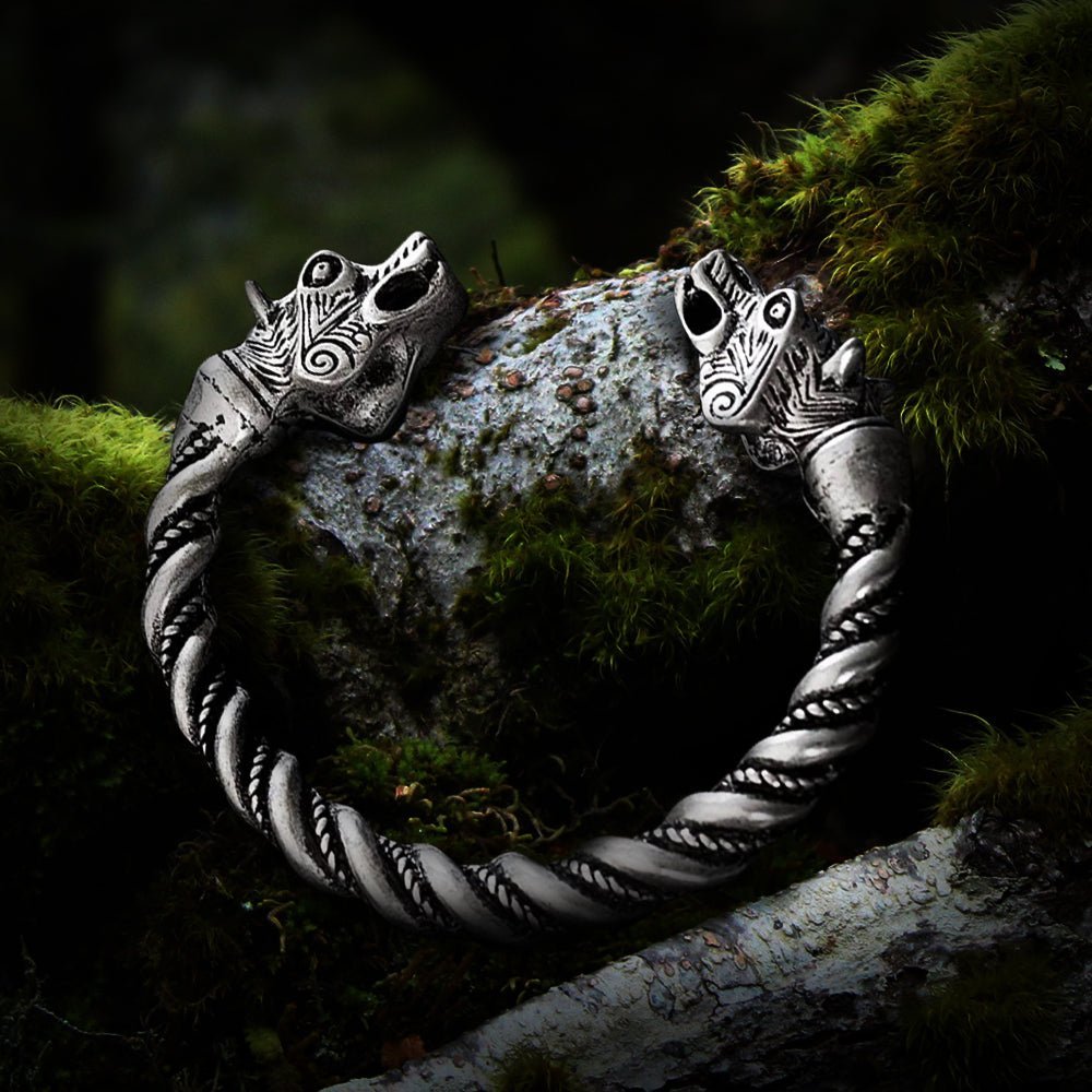 BLACKRISS™Large Silver Viking Bracelet - Fenrir Wolf Head Torque-Blackriss