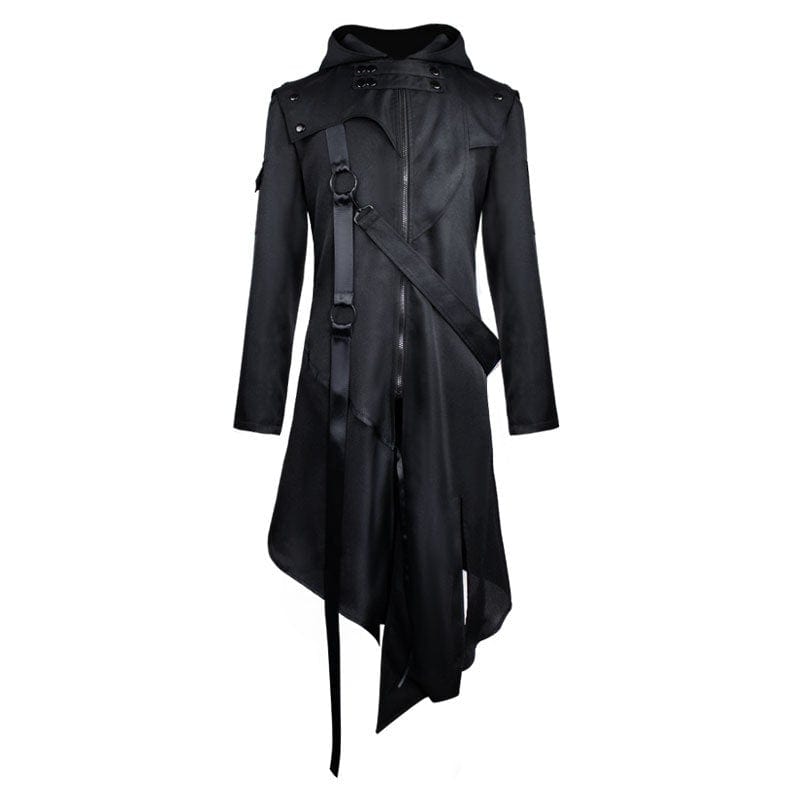 BLACKRISS™Men's Gothic Irregular Buckles Long Coat with Hood-Blackriss