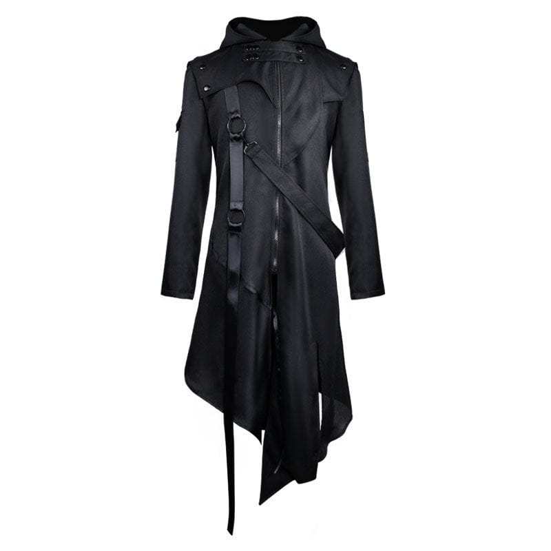 BLACKRISS™Men's Gothic Irregular Buckles Long Coat with Hood-Blackriss