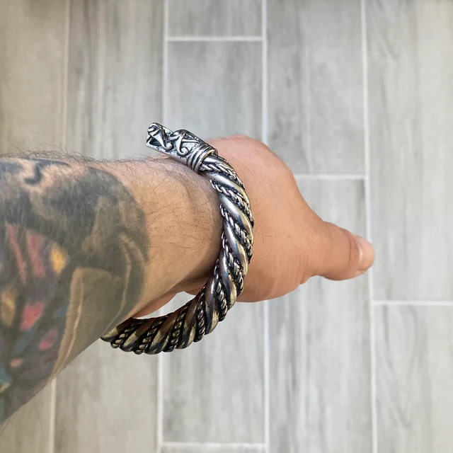 BLACKRISS™Large Silver Viking Bracelet - Fenrir Wolf Head Torque-Blackriss