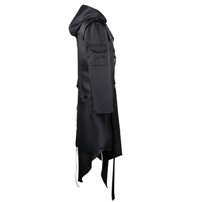 BLACKRISS™Men's Gothic Irregular Buckles Long Coat with Hood-Blackriss