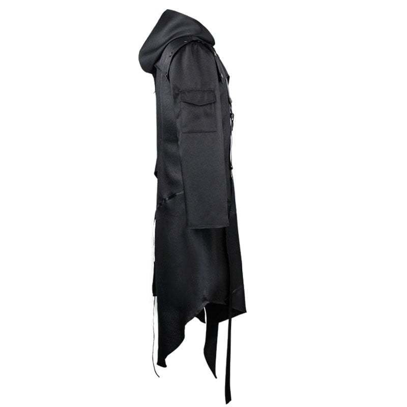 BLACKRISS™Men's Gothic Irregular Buckles Long Coat with Hood-Blackriss