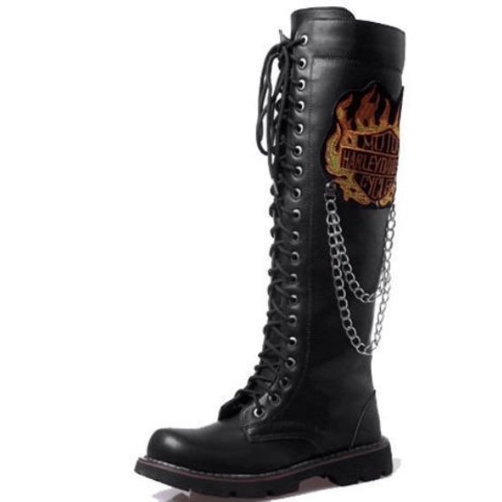 BLACKRISS™Men's Military Faux Leather Mental Chain Tall Boots Martin Boots-Blackriss