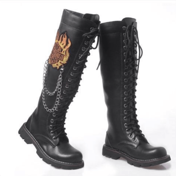 BLACKRISS™Men's Military Faux Leather Mental Chain Tall Boots Martin Boots-Blackriss