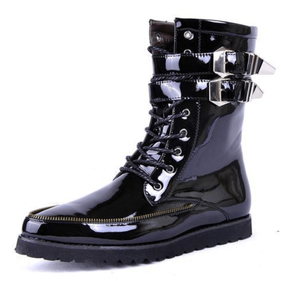 BLACKRISS™Men's Buckle Up Zipper Patent Leather Martin Boots White/Black-Blackriss