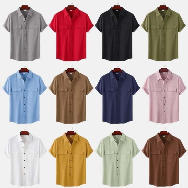 BLACKRISS™Solid colour casual flax short sleeve shirt-Blackriss
