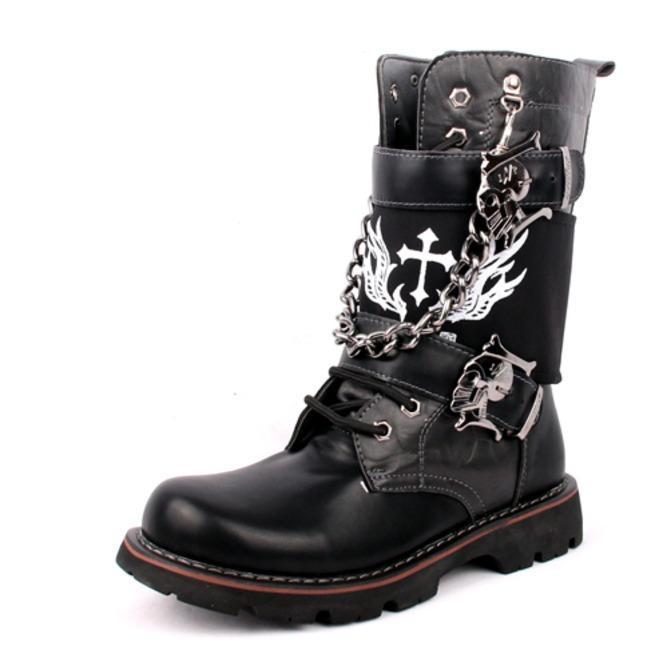 BLACKRISS™Men's Buckle Strap Lining Lace Up Punk Chain Army Boots Martin Boots-Blackriss