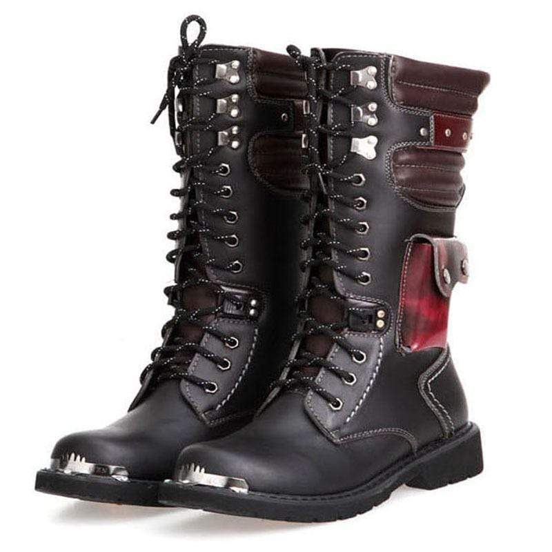 BLACKRISS™Men's Punk Pocket Lace Up Faux Leather Army Boots Riding Boots Moto Boots-Blackriss
