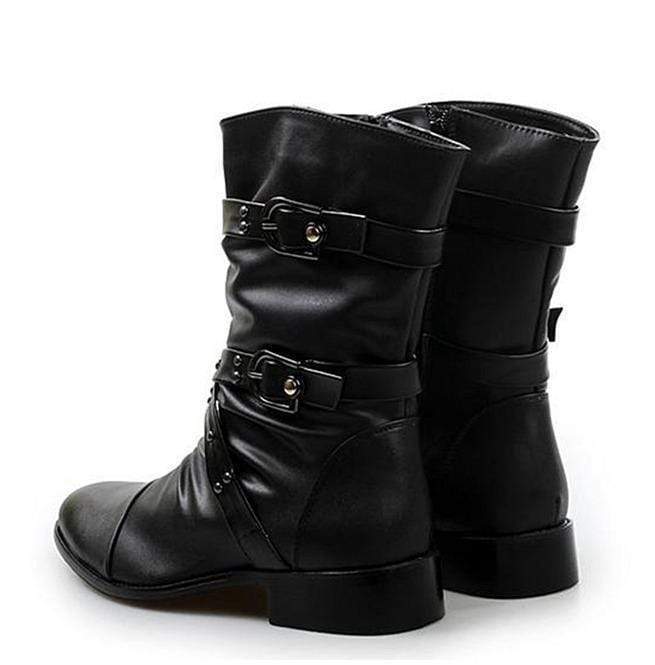 BLACKRISS™Men's Buckle Straps Ruched Faux Leather Biker Ankle Boots Pointed Toe Boots-Blackriss