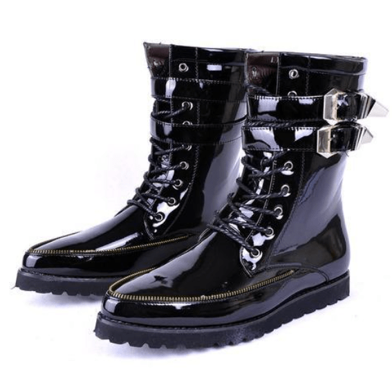 BLACKRISS™Men's Buckle Up Zipper Patent Leather Martin Boots White/Black-Blackriss