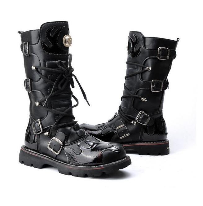 BLACKRISS™Men's Steampunk Fire Totem Black High Boots Motorcycle Boots-Blackriss
