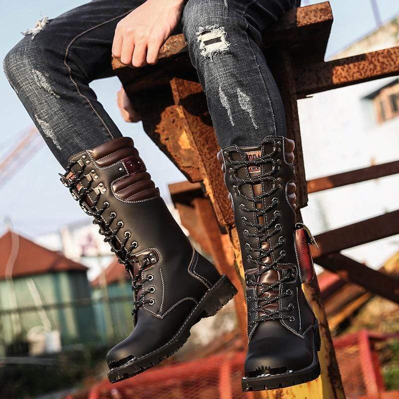 BLACKRISS™Men's Punk Pocket Lace Up Faux Leather Army Boots Riding Boots Moto Boots-Blackriss