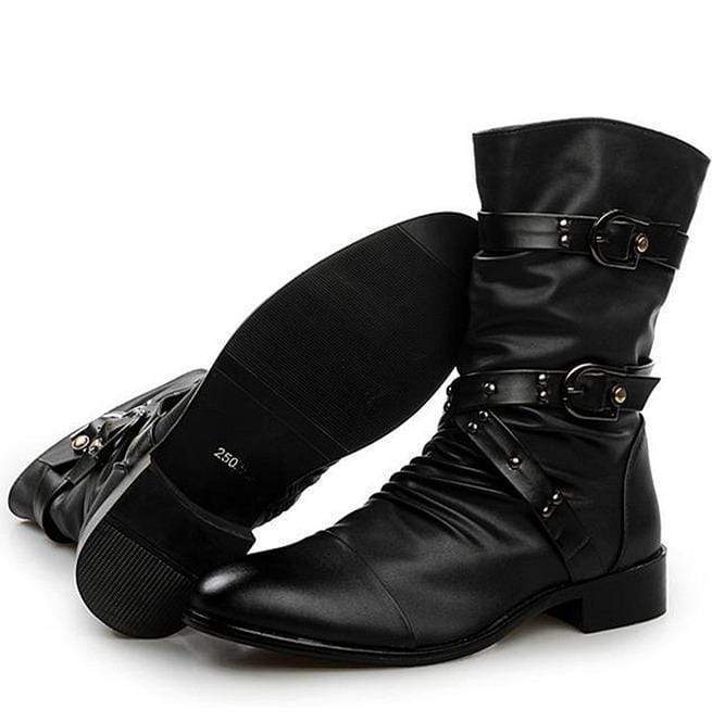 BLACKRISS™Men's Buckle Straps Ruched Faux Leather Biker Ankle Boots Pointed Toe Boots-Blackriss