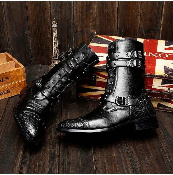 BLACKRISS™Men's Punk Rivets Lace Up Pointed Boots Martin Boots Men Army Boots-Blackriss