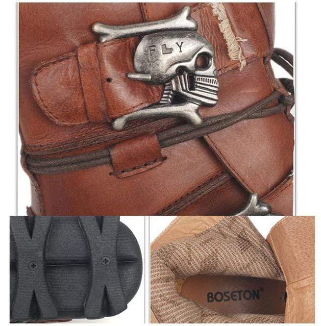 BLACKRISS™Men's Punk Skull Straps Cowhide Leather Boots-Blackriss