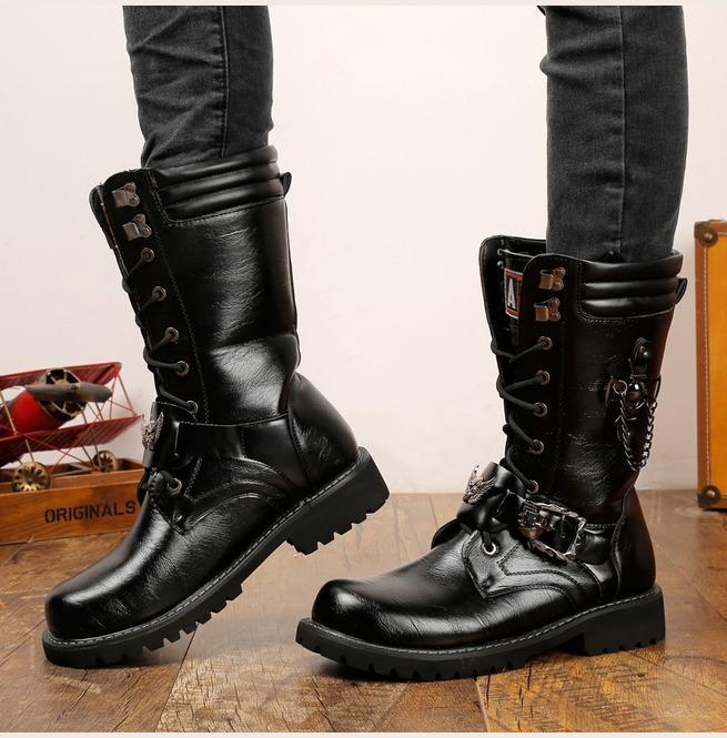 BLACKRISS™Men's Punk Laced Up Faux Leather Military Combat Boots-Blackriss