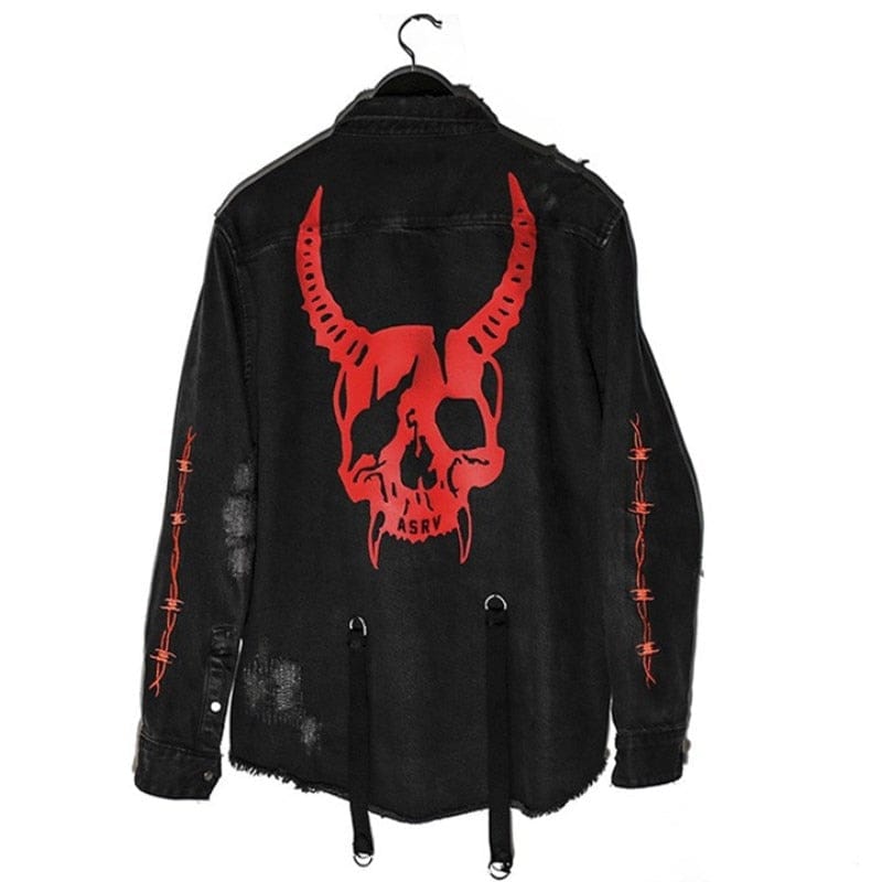 BLACKRISS™Gothic Skull 💀 Black Denim Suspenders & Holes Jacket 🧥-Blackriss