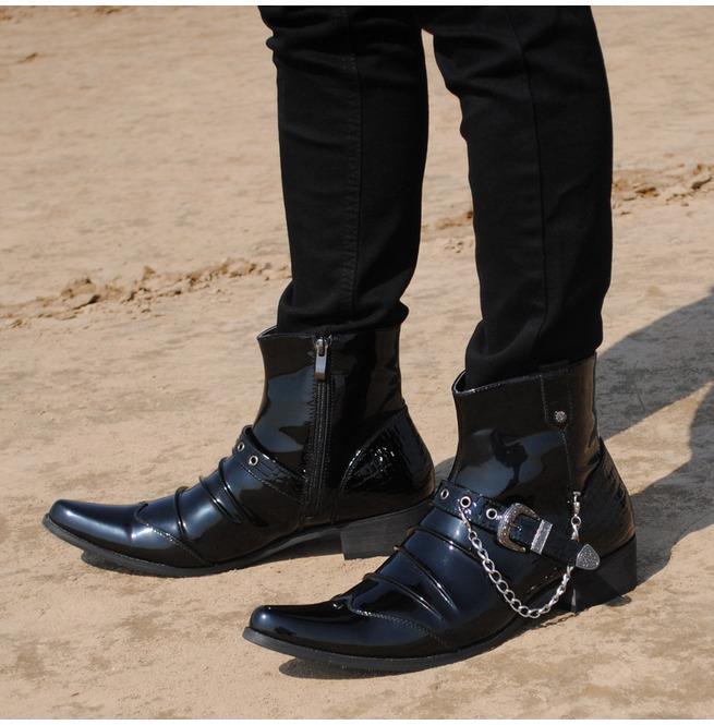 BLACKRISS™Men's Buckle Strap Chain Faux Leather Side Zipper Shoes Pointed Toe Boots-Blackriss