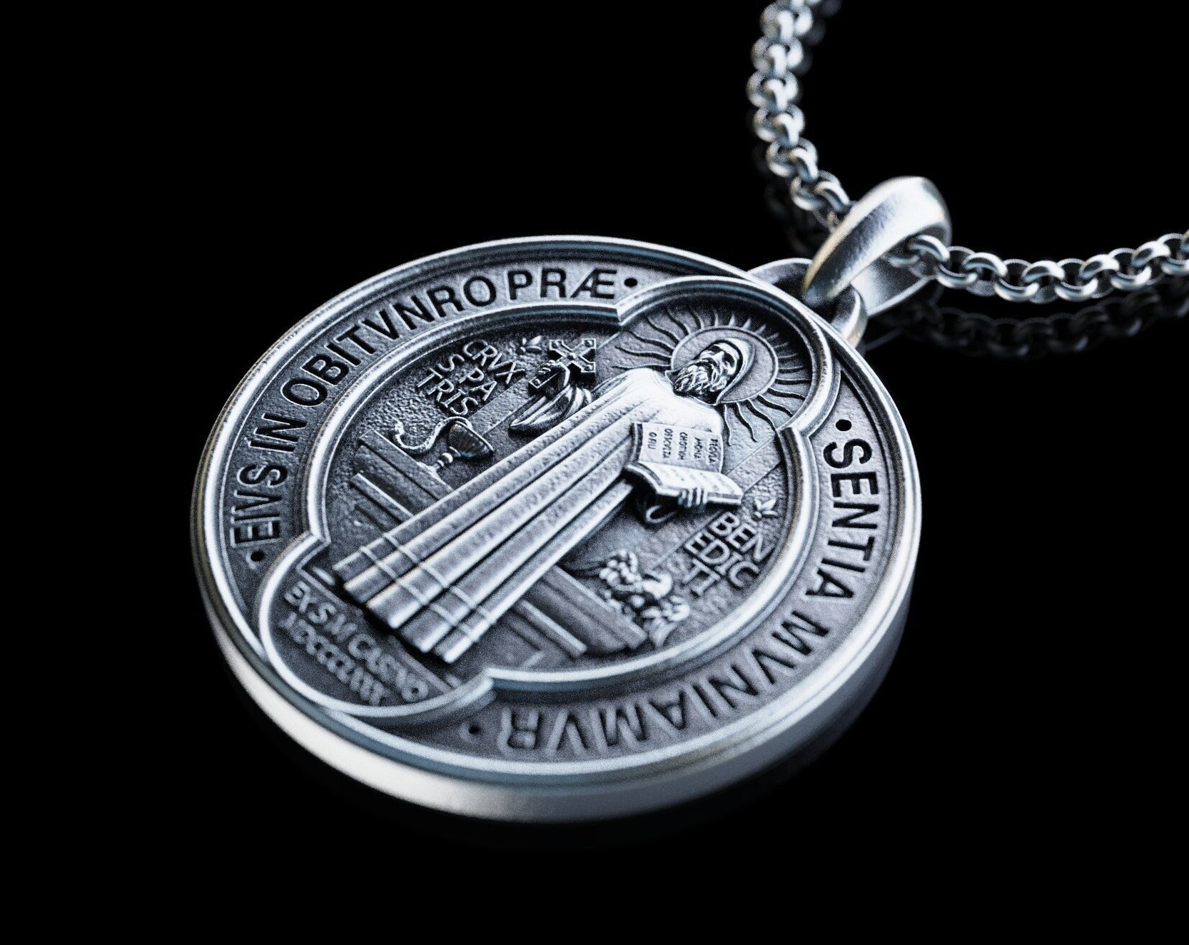 BLACKRISS™Sterling Silver Saint Benedict Necklace--Religious Silver Gift-Blackriss