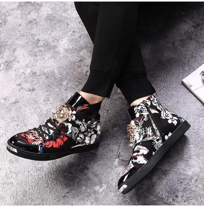 BLACKRISS™Men's Fashion Printed Punk Rivet Side Zipper Ankle Boot Martin Boots-Blackriss