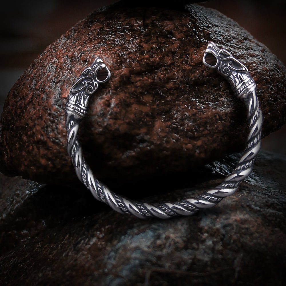 BLACKRISS™Large Silver Viking Bracelet - Fenrir Wolf Head Torque-Blackriss