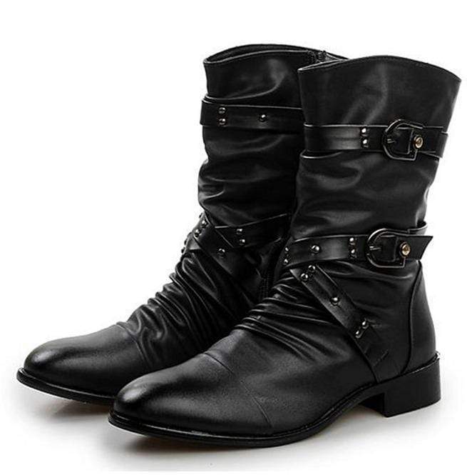 BLACKRISS™Men's Buckle Straps Ruched Faux Leather Biker Ankle Boots Pointed Toe Boots-Blackriss