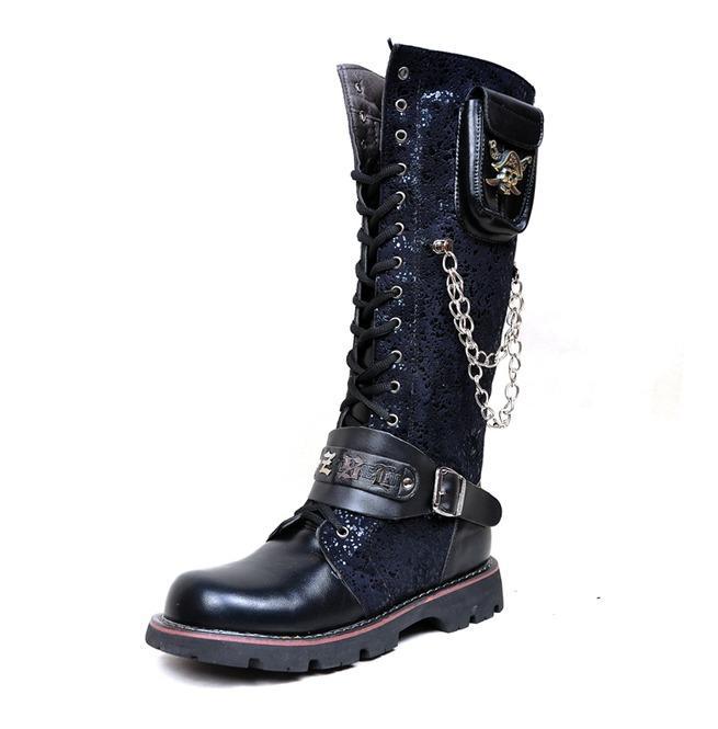 BLACKRISS™Men's Steampunk 16 Holes Metal Rivet High Boots Engineer Motorcycle Boot-Blackriss