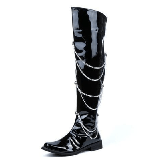 BLACKRISS™Men's Metal Chain Patent Leather Motorcycle Thigh Boots-Blackriss