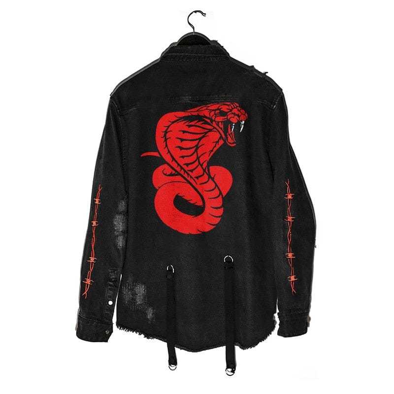 BLACKRISS™Gothic Snake Black Denim Suspenders & Holes Jacket-Blackriss