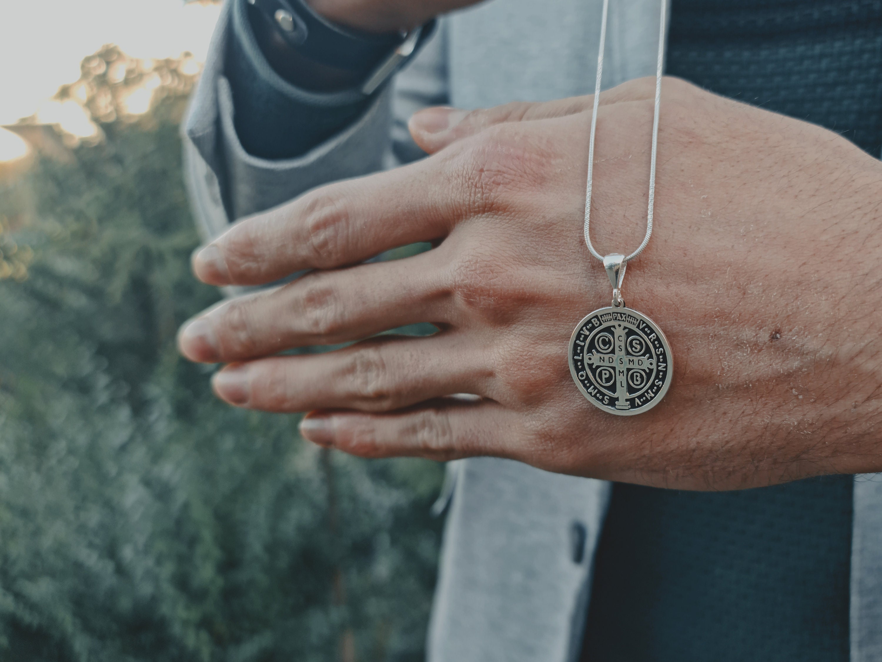 Sterling Silver Saint Benedict Necklace--Religious Silver Gift