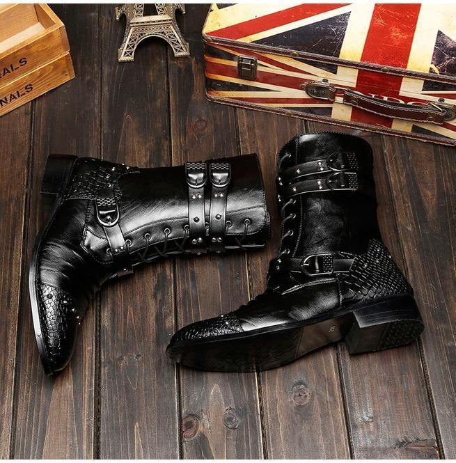 BLACKRISS™Men's Punk Rivets Lace Up Pointed Boots Martin Boots Men Army Boots-Blackriss