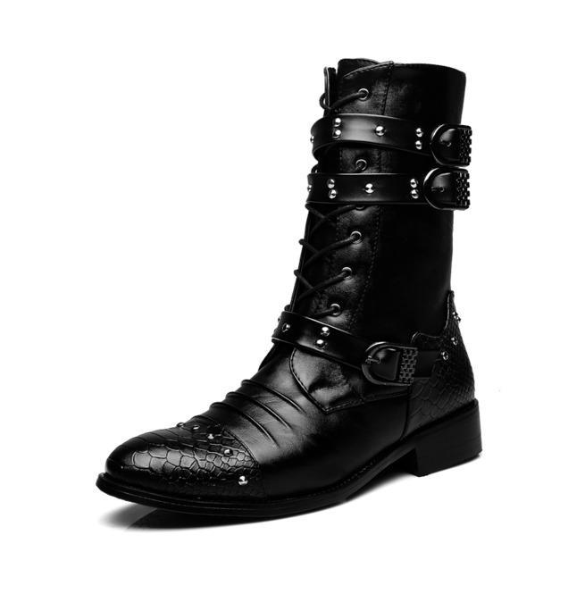 BLACKRISS™Men's Punk Rivets Lace Up Pointed Boots Martin Boots Men Army Boots-Blackriss