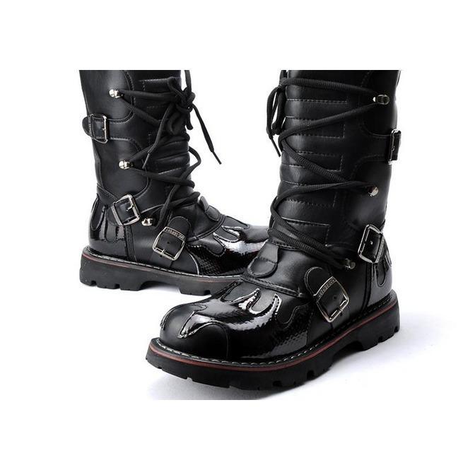 BLACKRISS™Men's Steampunk Fire Totem Black High Boots Motorcycle Boots-Blackriss
