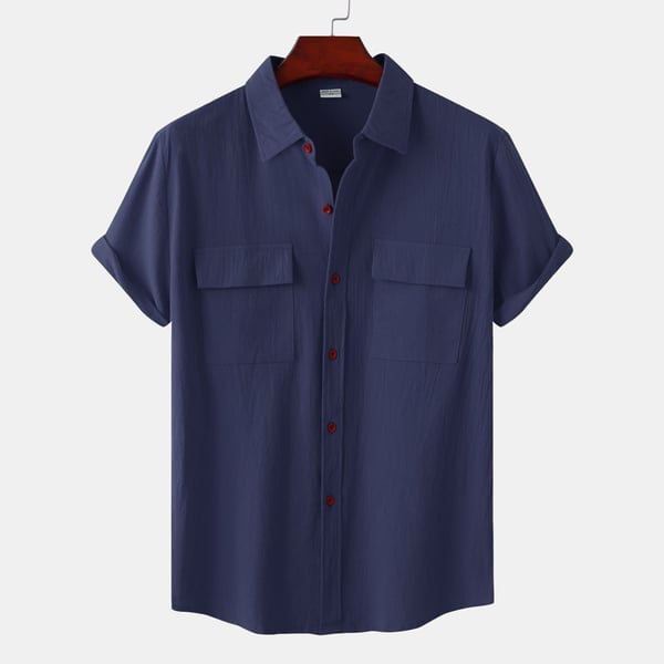 BLACKRISS™Solid colour casual flax short sleeve shirt-Blackriss