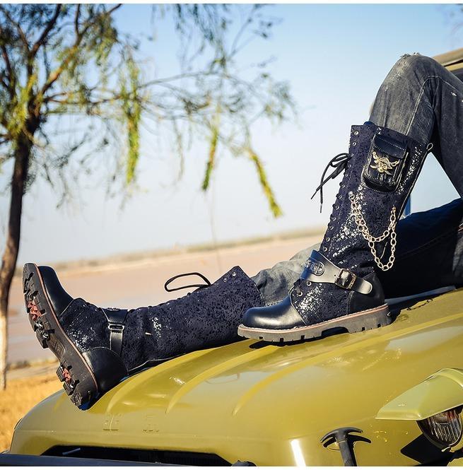 BLACKRISS™Men's Steampunk 16 Holes Metal Rivet High Boots Engineer Motorcycle Boot-Blackriss