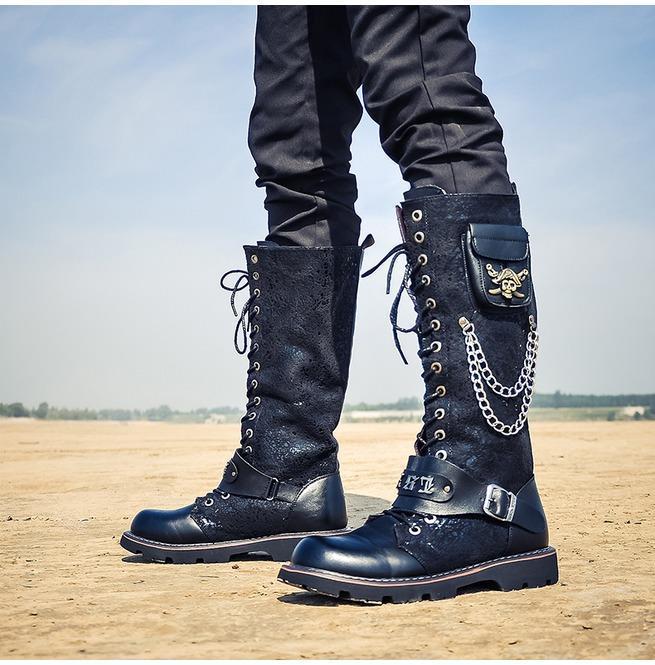 BLACKRISS™Men's Steampunk 16 Holes Metal Rivet High Boots Engineer Motorcycle Boot-Blackriss