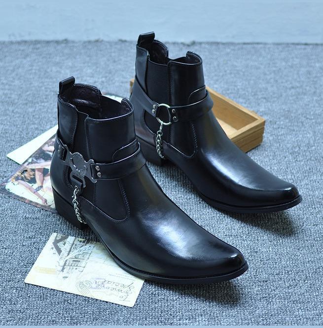 BLACKRISS™Men's Faux Leather Suede Pointed Toe Eagle Gusset Harness Ankle Boots-Blackriss