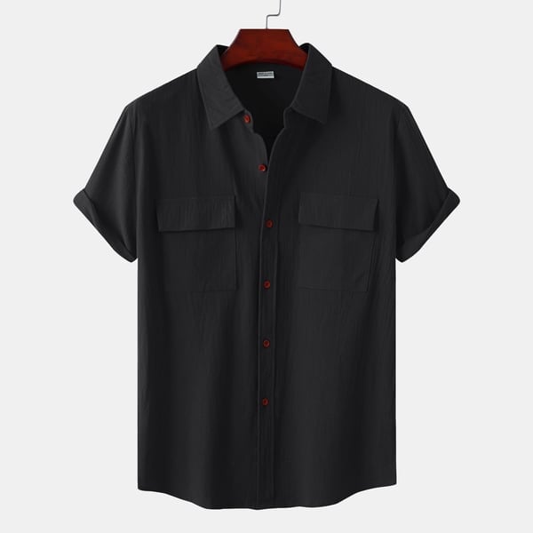 BLACKRISS™Solid colour casual flax short sleeve shirt-Blackriss