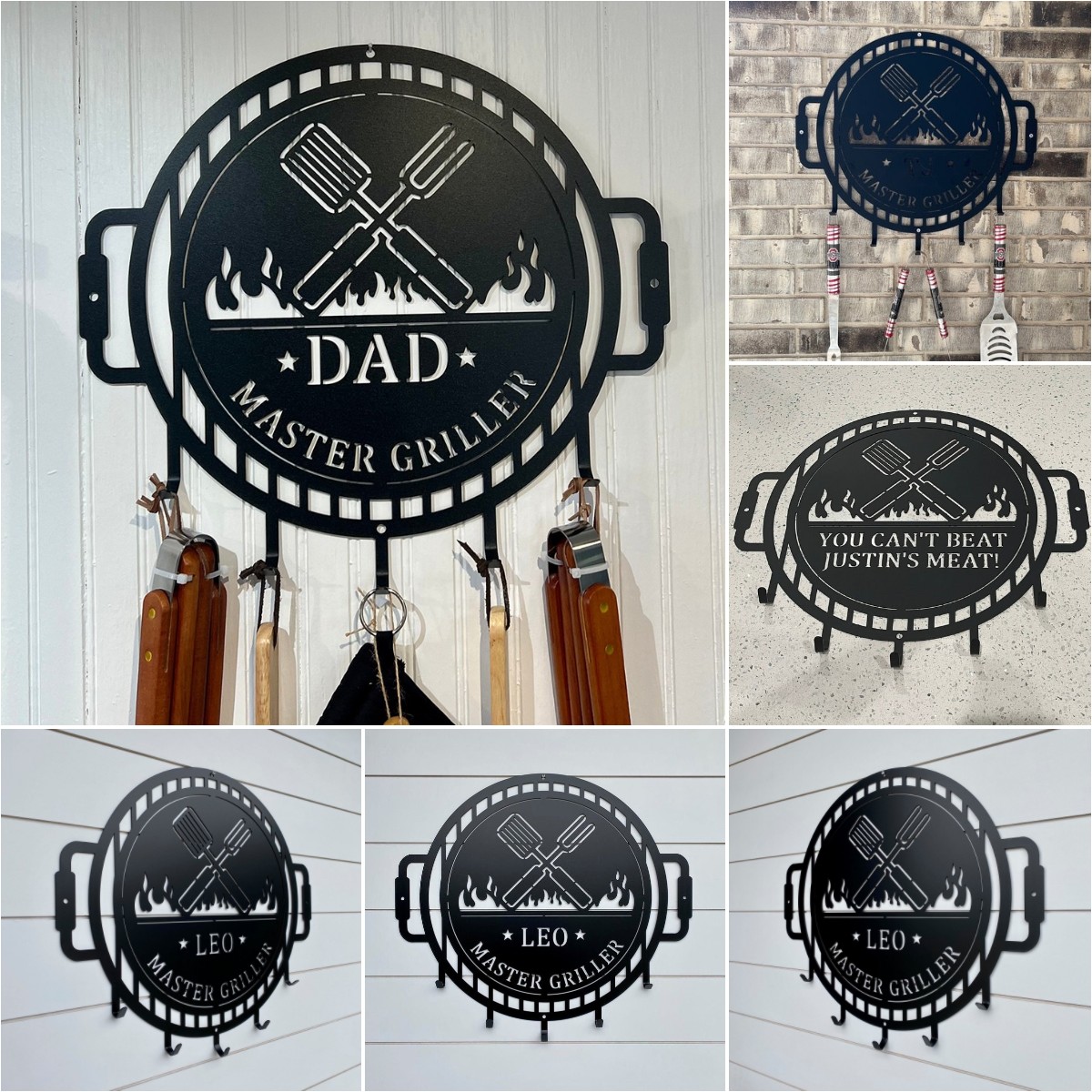 Grill Name Sign with Metal Hooks for hanging Grilling Utensils