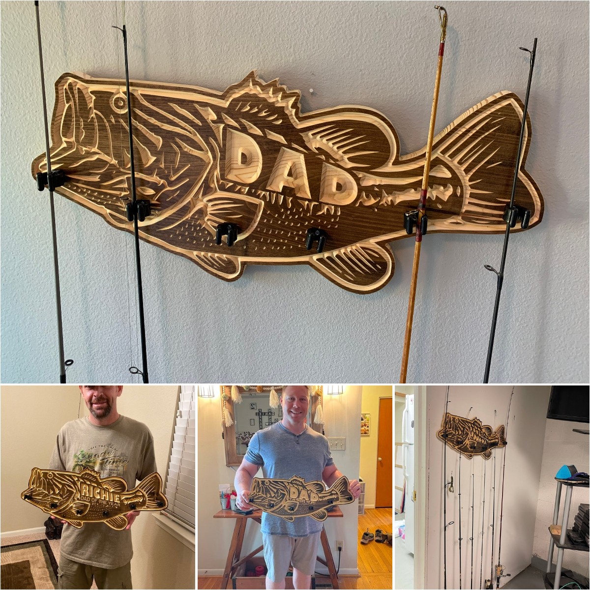 Personalized solid wood large mouth bass fishing rod holder